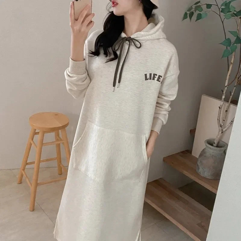 2023 Autumn/winter New Women's Fleece-lined Thickened Sweatshirt Hooded Dress Loose-fit Long Over-knee Korean Style - Seprincess