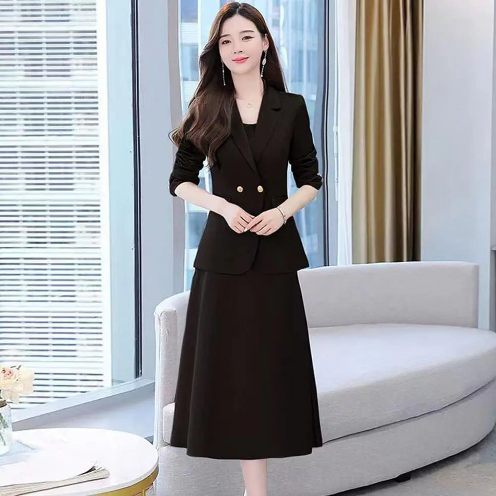 2Pcs Women Outfit Commute Trendy Office Lady Dress Coat Set Elegant Sling Style Coat Long Dress Suit Lady Business Skirt Suit - Seprincess