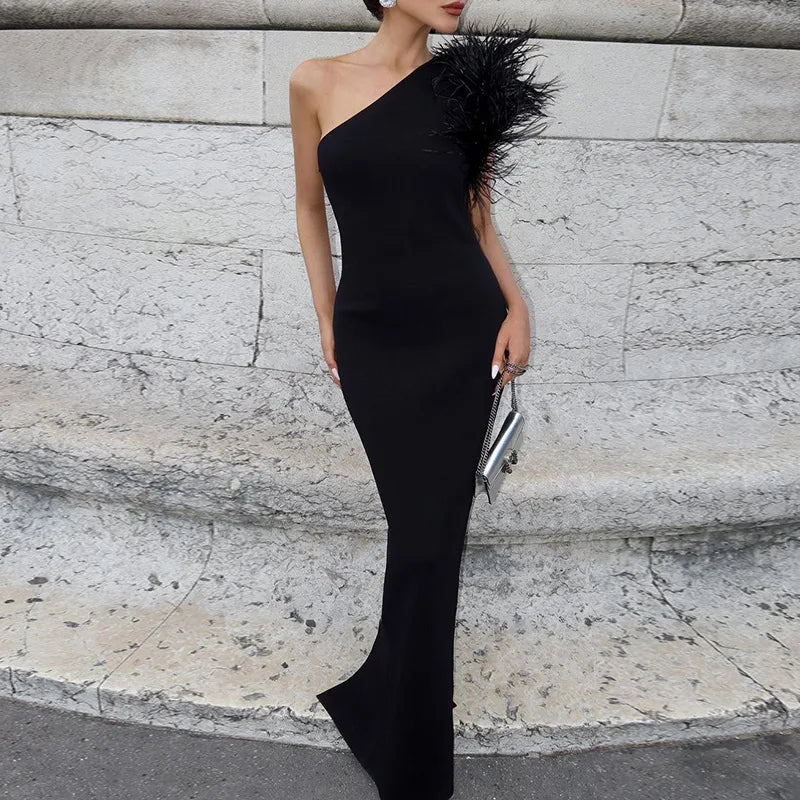 Dulzura Black Sleeveless One Shoulder Feather Maxi Dress For Women Bodycon Sexy Party Elegant Long Dress Birthday Evening Outfit - Seprincess