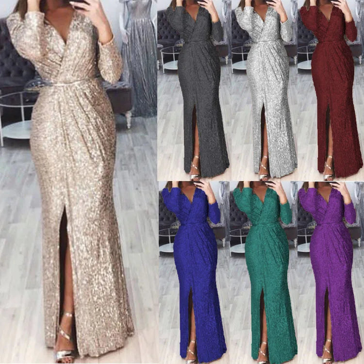 Autumn Winter Women's Dress Sequin V-neck Long Sleeved Waist Sexy Split High End Casual Fashion Elegant Dress Women's Dress - Seprincess