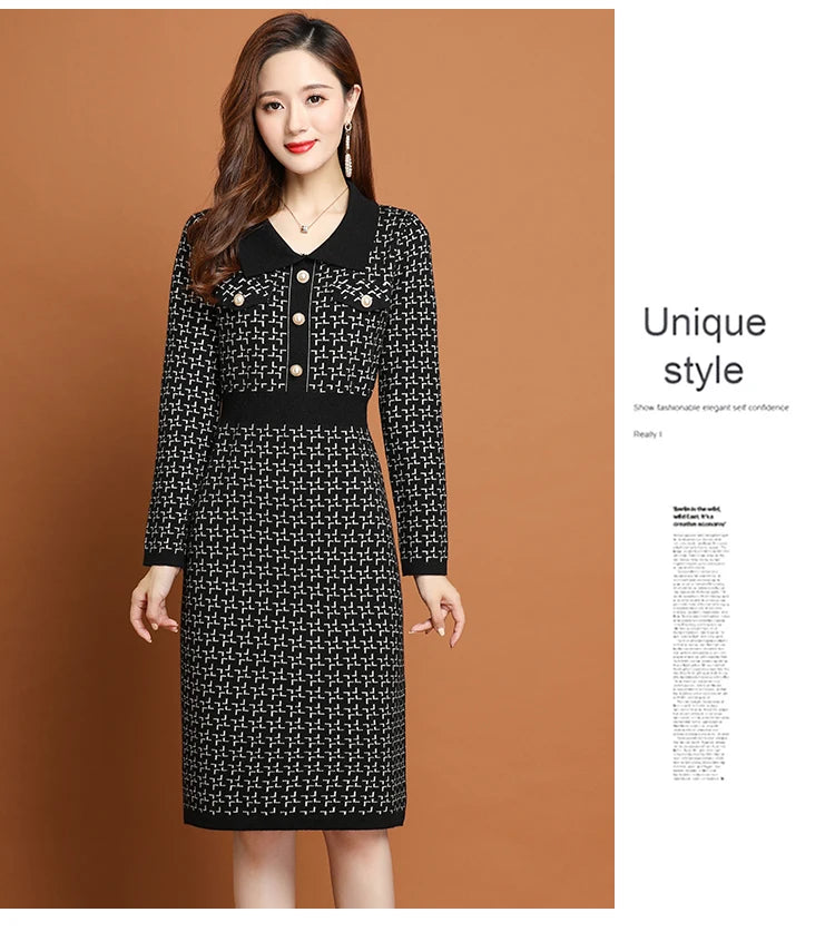 Office Lady Korean Fashion Knitted Solid Slim Dress Women's Winter Long Sleeve Warm Elegant Knee Length Tunics - Seprincess