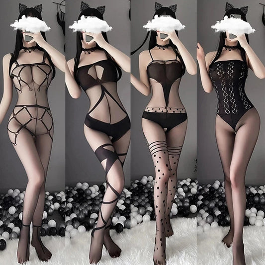 Tights Silk Body Stockings Female Erotic Lingerie Women Sexy Open Crotch Underwear Thin Transparent Bodysuit Cosplay Costumes