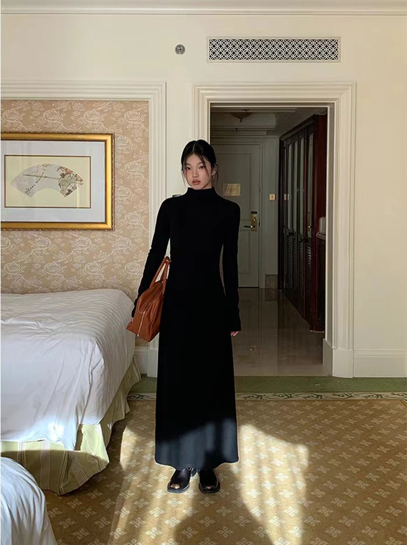 Autumn Half Turtleneck Dress Women Korean Elegant Black Hepburn Style Midi Dress Y2K High Waist Long Sleeve Warm A Line Vestidos - Seprincess