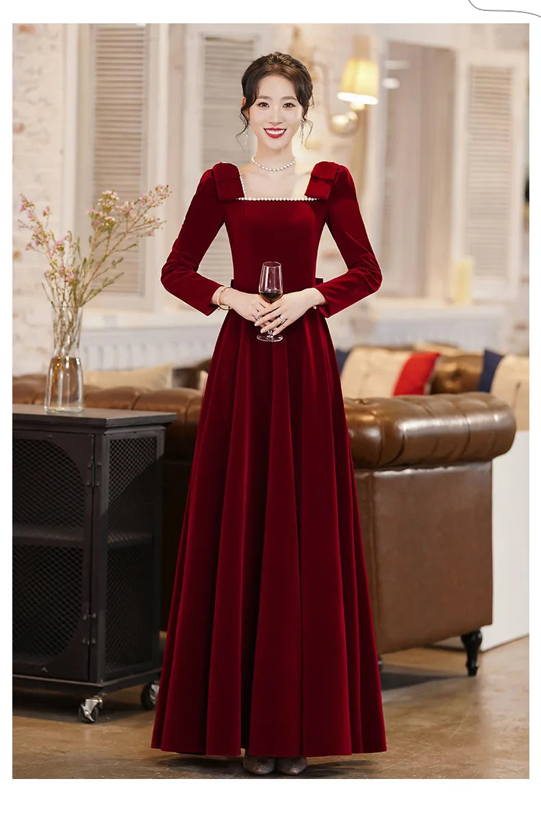 Burgundy Velvet Evening Dress Elegant Beaded Square Collar Engagement Dresses Temperament Bow Long Sleeve Formal Banquet Gown - Seprincess