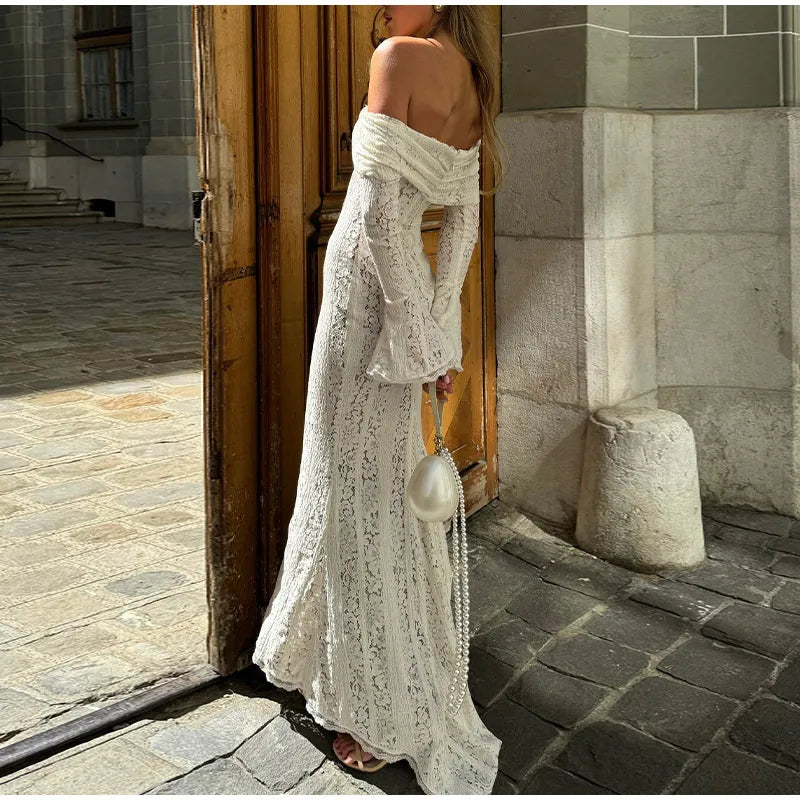 Vintage Cream Floral Lace Off Shoulder Maxi Dress Fashion Flare Long Sleeve Hollow Out Slim Dresses 2024 Elegant Lady Party Robe - Seprincess