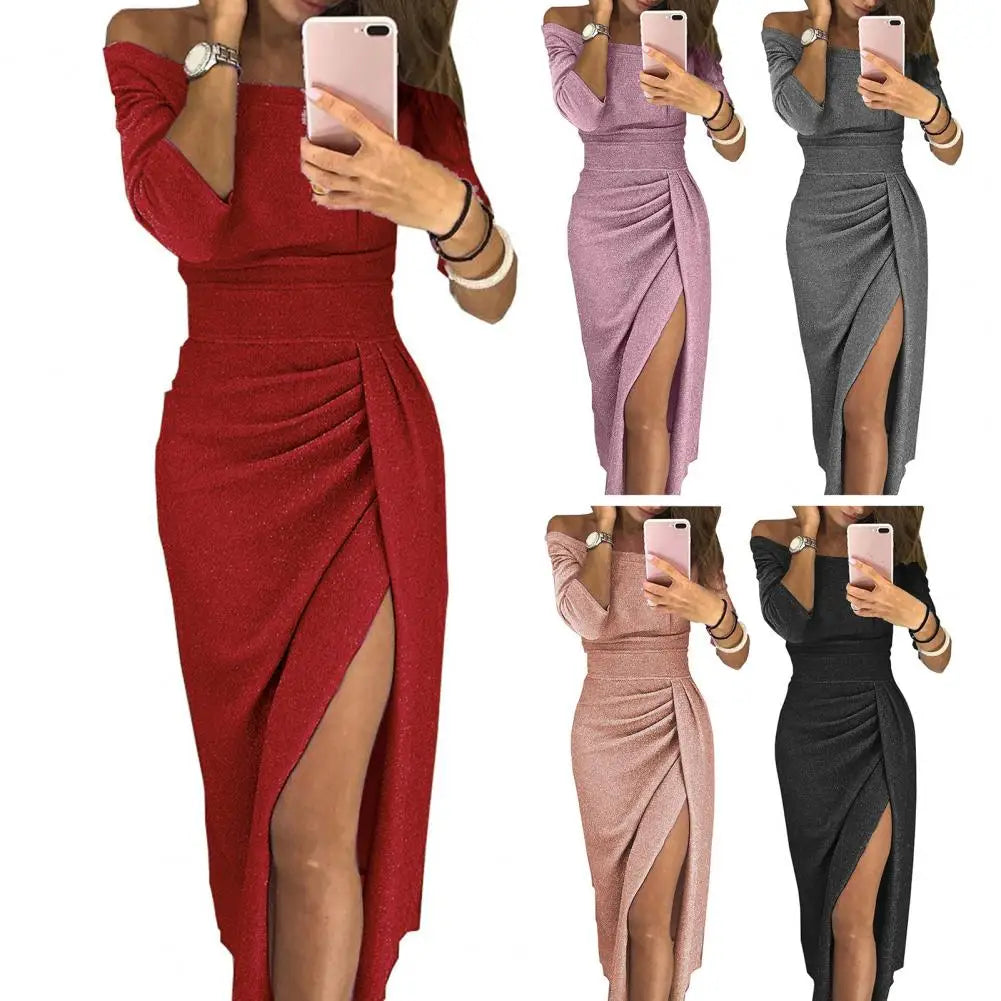 2024 Shiny Vintage Translucent Women Dress Pleated Bodycon Dress Sexy High Waist Lady Split Evening Dresses Elegant Party Dress - Seprincess