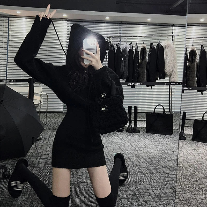 MEXZT Streetwear Knitted Mini Dress Women Hooded Sweater A Line Dresses Winter Korean Solid High Waist Slim Casual Vestidos New - Seprincess