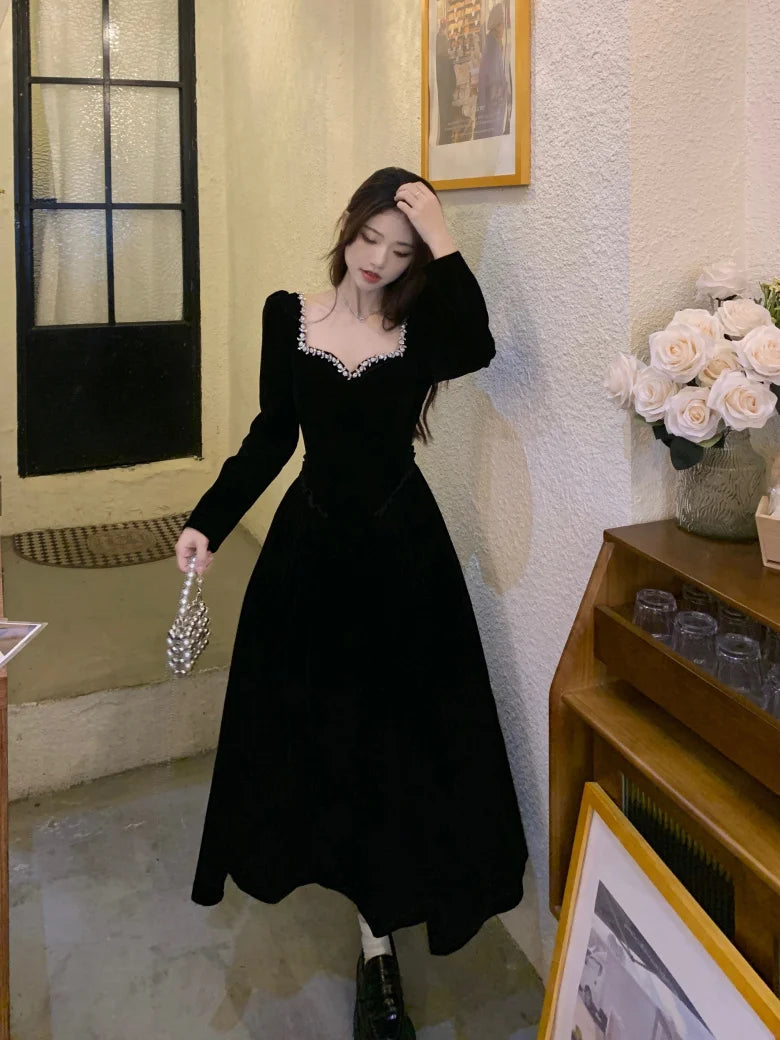 Vintage Evening Party Velvet Dresses for Woman Elegant Fashion Wedding Birthday Prom Long Sleeves Female Clothing Black Robe - Seprincess