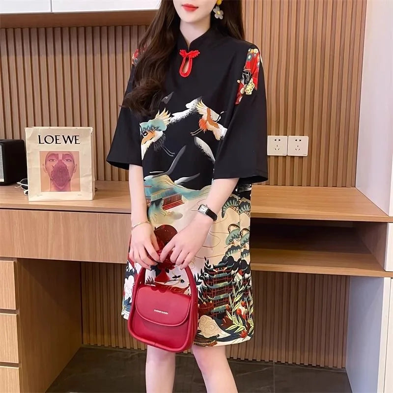 Chinese style modified cheongsam short-sleeved t-shirt women's summer large 300 jins tide design sense of loose fat mm uppe - Seprincess