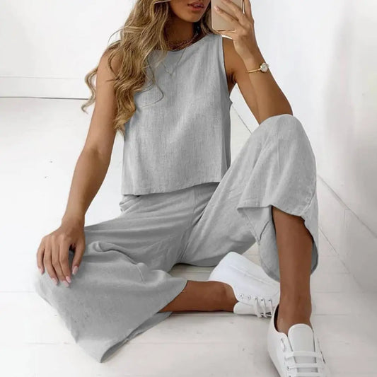 2023 Summer Two Piece Sets Women Sleeveless O-Neck Tank Top Wide Leg Pants Suits Female Casual Cotton Linen Solid Color Outfits - Seprincess