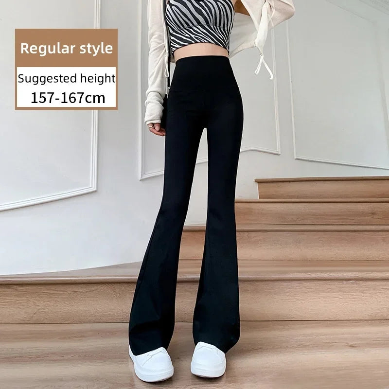 Women High Waist Flare Pants Winter Plush Warm Skinny Slimming Micro Horn Trousers Shark Pant Elegant Office Ladies Tights Y2k