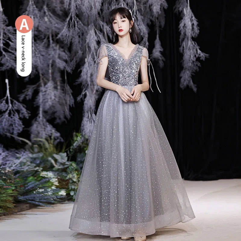 Grey Bridesmaid Evening Dress Women Off Shoulder Sequins Wedding Party Vestidos Fairy Temperament Sisters Group Gown Summer - Seprincess