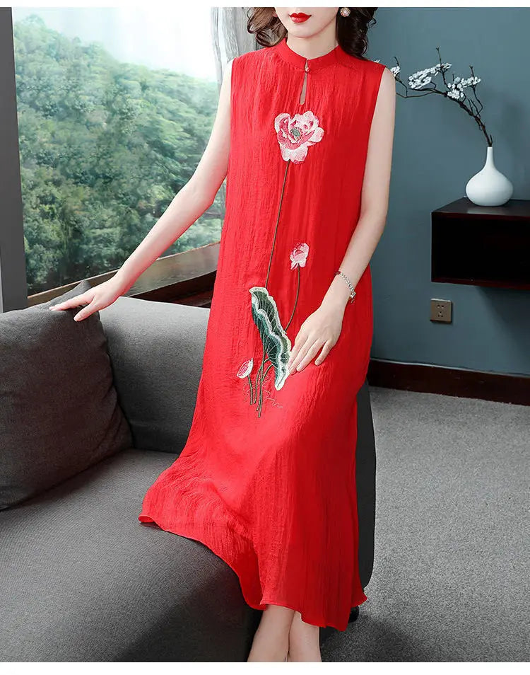 1pcs/lot chinese style woman Embroidered Cheongsam Sleeveless Vest Chiffon Dress Woman Dress print dress - Seprincess