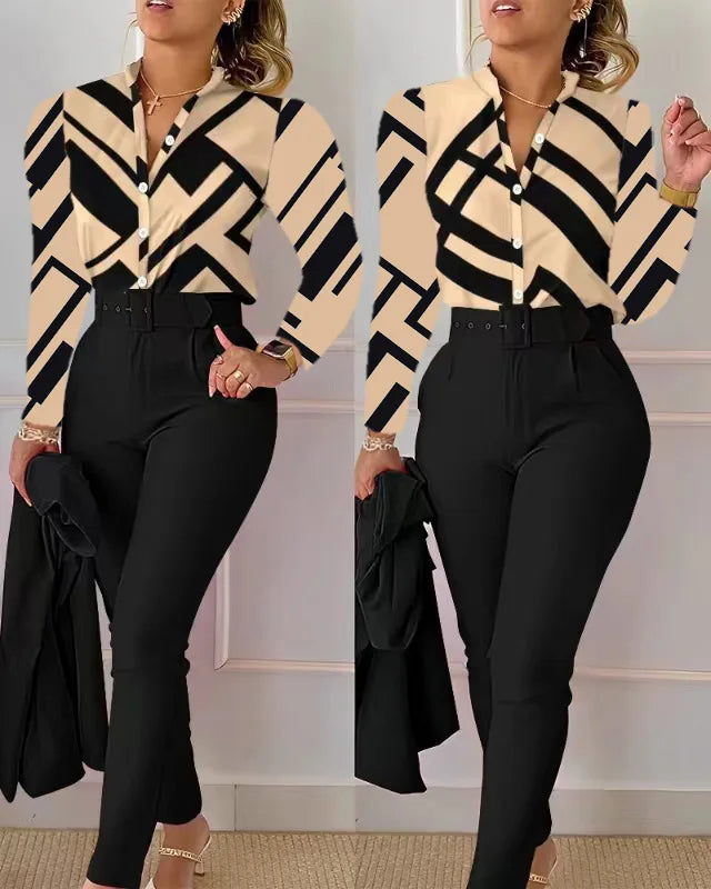 Elegant Women Printed Two Piece Suit Sets Spring Autumn V Neck Long Sleeve Shirt Top & Long Pants Set With Belt Workwear Outfits - Seprincess