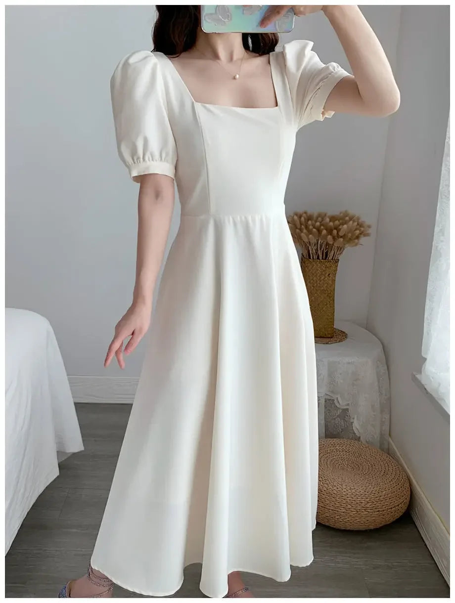 Slim Fit Women White Dress Bubble Sleeve Square Neck Light Wind Style Long Skirt Summer Casual Korean Style - Seprincess