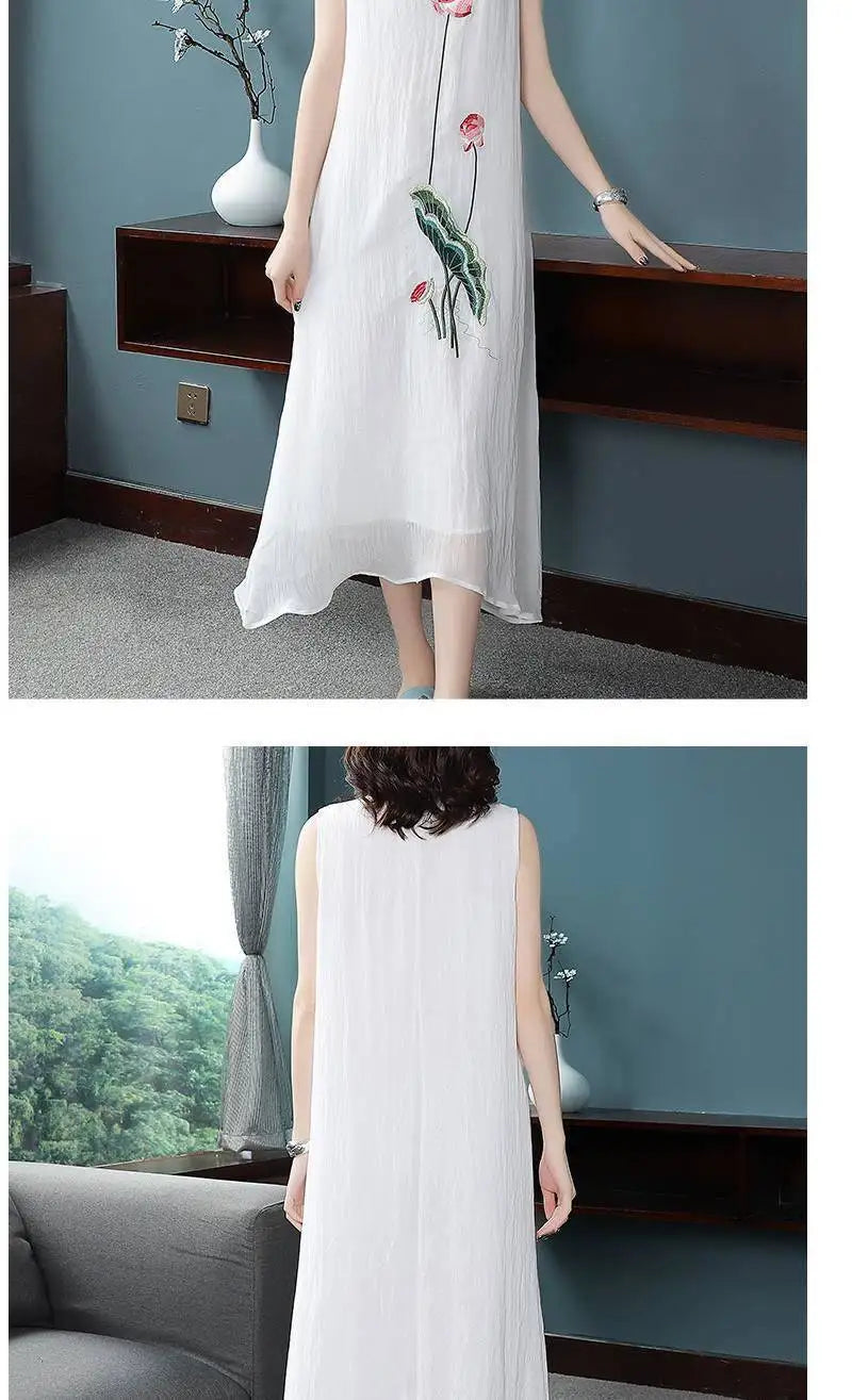 1pcs/lot chinese style woman Embroidered Cheongsam Sleeveless Vest Chiffon Dress Woman Dress print dress - Seprincess