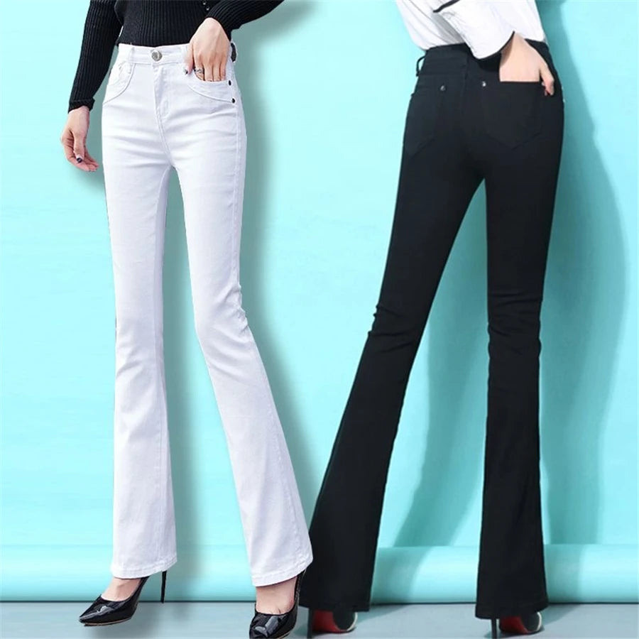 Women's White 80% Cotton Flare Denim Pants Mom's Fomal Skinny Stretch Jeans Trend Candy Color Slim Cowboy Trousers OL Pantalones