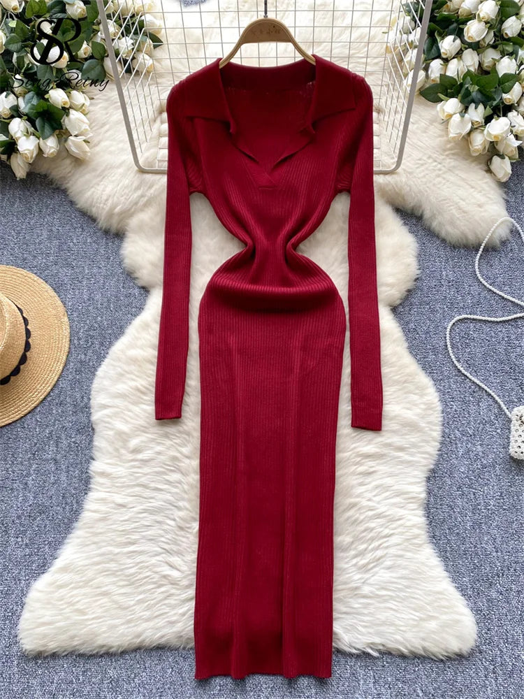 SINGREINY French Vintage Sweater Dress 2024 Ladies Lapel Long Sleeves Autumn Fashion Solid Basics Bodycon Knitted Long Dress - Seprincess