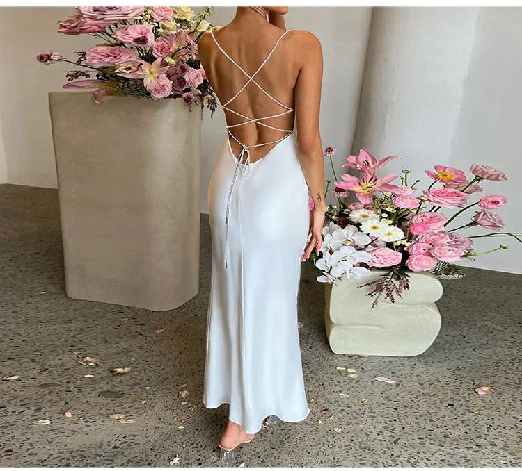 Summer Sexy Backless Dress Women's Solid Color Slim Lace Up Long Dresses Fashion Elegant Formal Dress Split Party Camisole Dress - Seprincess