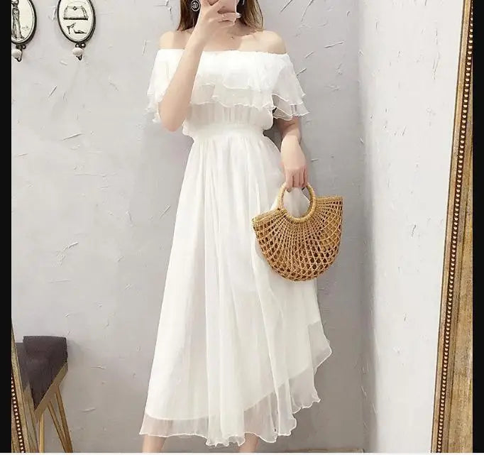 Women's Summer Beach Style Chiffon White Long Dress Lady Graceful Fairy Layers Ruffles Off-Shoulder Dresses Evening Party Gown - Seprincess