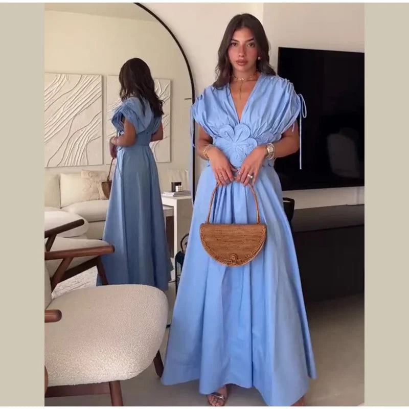 Summer Elegant Pleated Bow V Neck Blue Long Dresses For Women 2024 New Off Shoulder Sleeveless Maxi Dress Ladies Vacation Robe - Seprincess