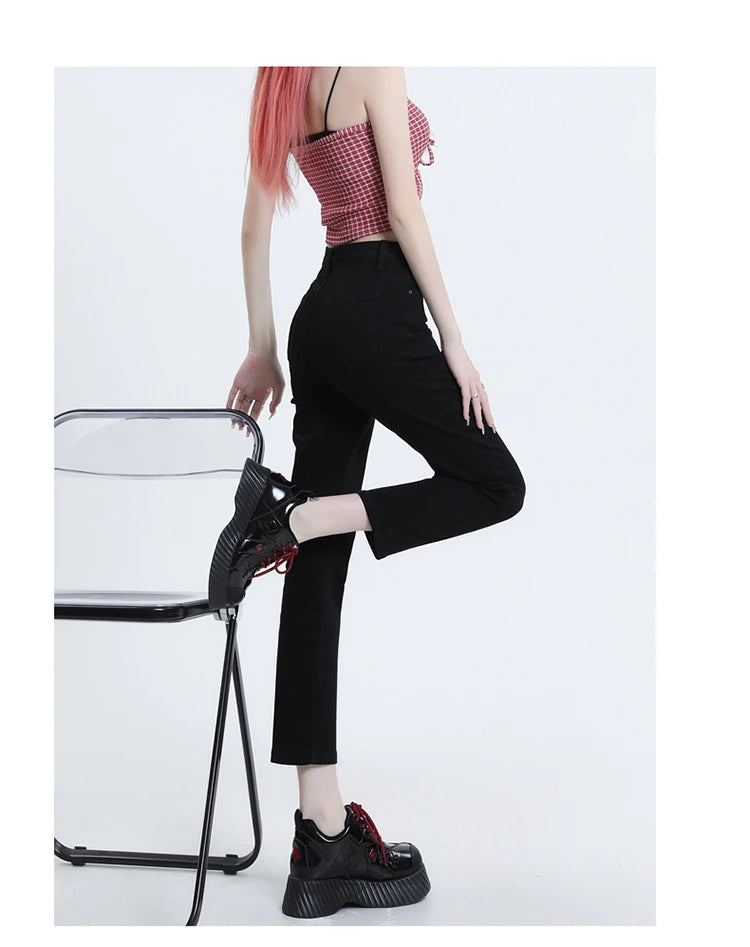 High Waisted Straight Slim Elastic Denim Jeans For Women Smoke Pipe 9,8 Pants Casual Brand Sexy Trousers Female