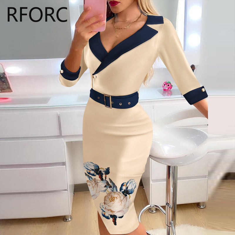 2023 Women Floral Print with Belts Notched Collar Half Long Sleeves Midi Bodycon Formal Party Dress - Seprincess