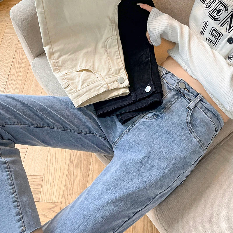 Rarely Hem Pants Spring High Waist Elastic Straight Barrel Jeans Women's Small Smoke Pipe