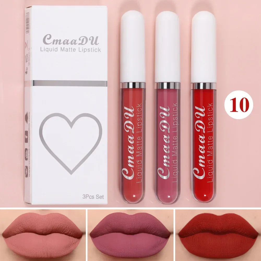 3Pcs/Set Waterproof Matte Nude Lip Gloss Brown Nude Pigment Dark Red Long Lasting Velvet Liquid Lipstick Women Makeup Lip Glaze