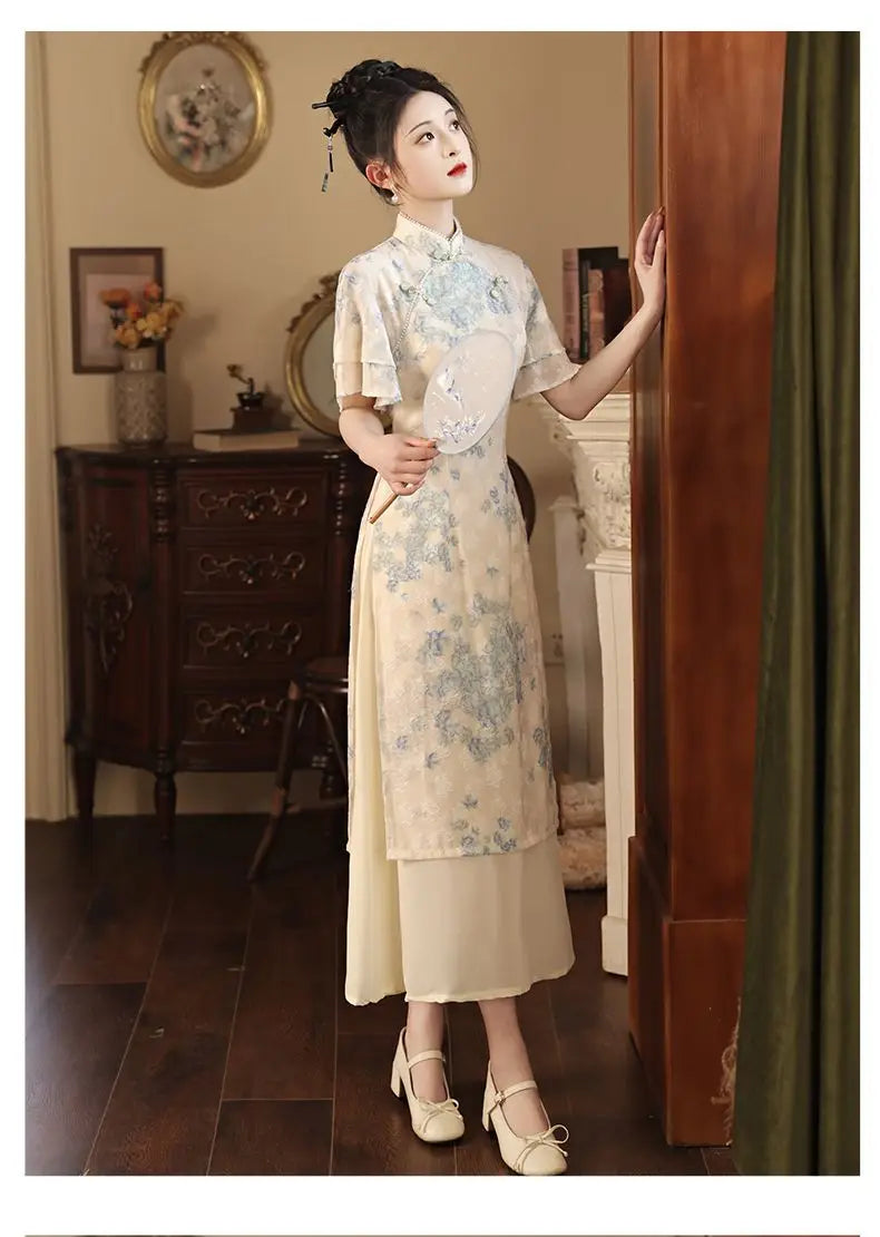 Improved Qipao 2024 New Summer Modern Chinese Style Blue Jacquard Short Sleeve Cheongsam For Women Youth Girls Long Party Dress - Seprincess