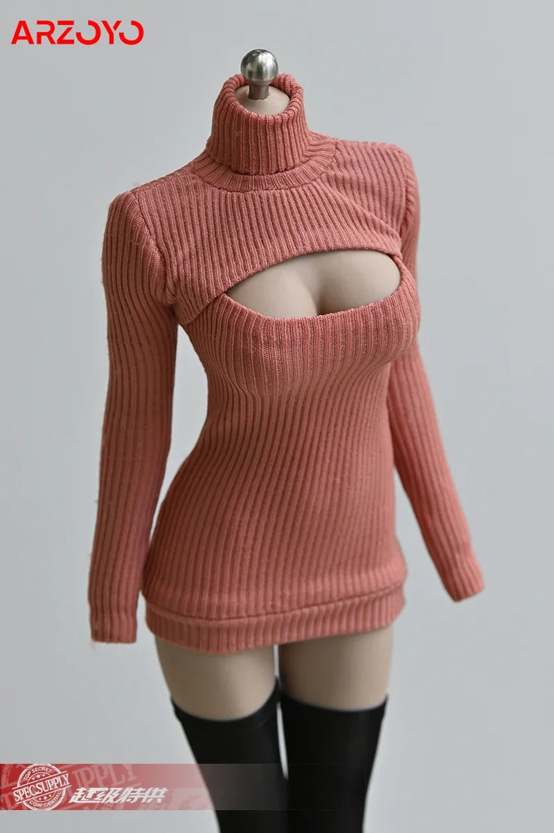 1/6 Female Soldier Sweater Slim Elastic High Neck Knit Pullover Sexy Open Chest Tops Mini Sweater Dress for 12" Action Figure - Seprincess