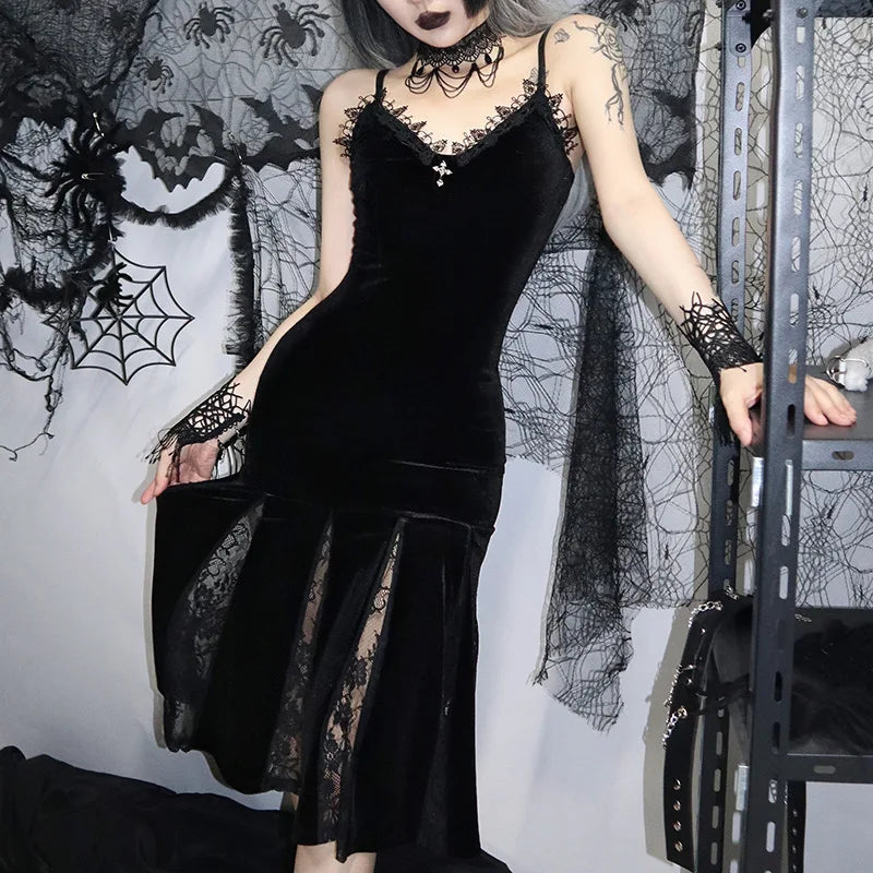 Sexy Spaghetti Strap Backless Velvet Woman Long Gothic Cross Dress Black Lace Patchwork Dress Style Maxi Harajuku Emo Partywear - Seprincess