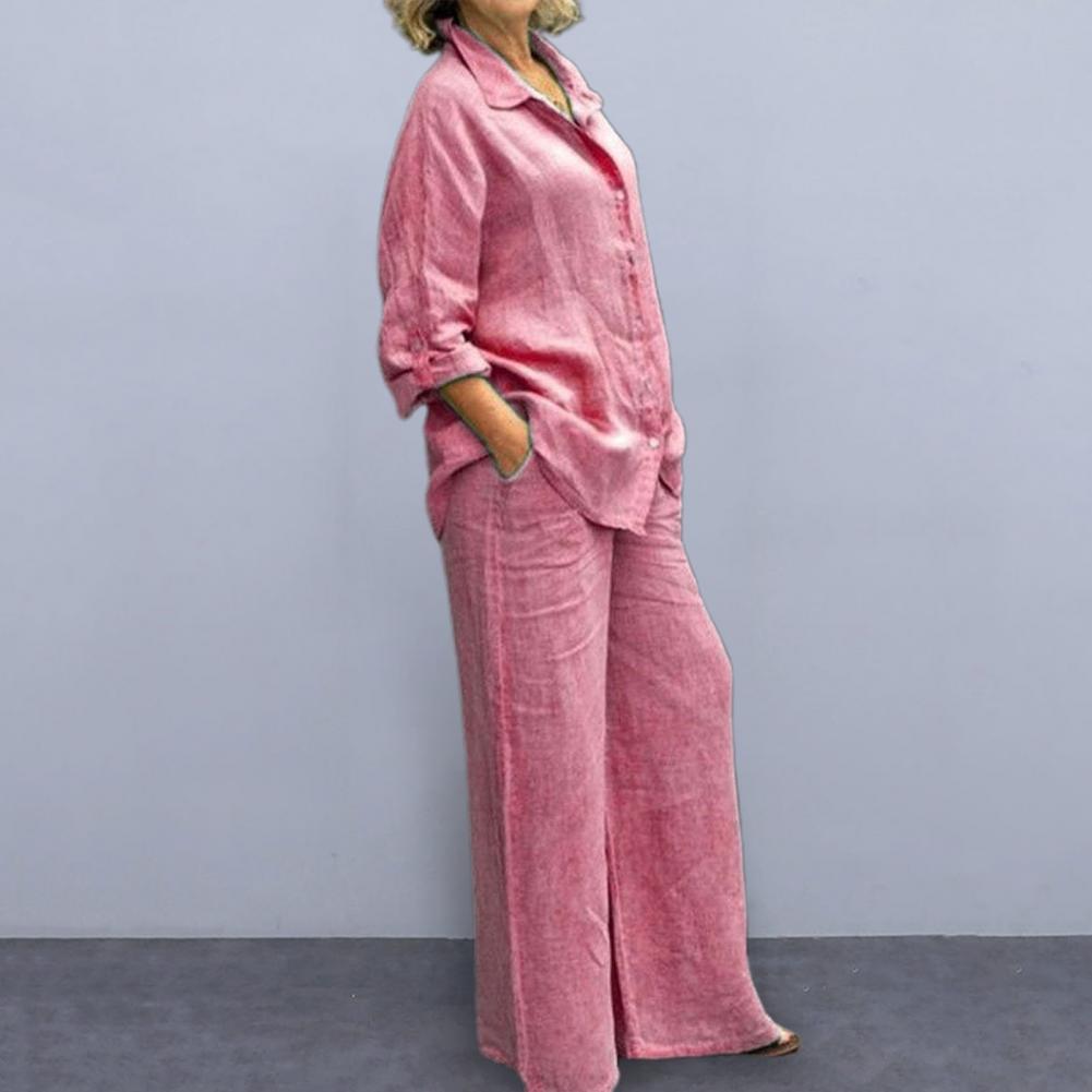 Women Cotton Linen Suits 2023 Elegant Solid Long Sleeve Shirt Wide Leg Trousers Two Piece Set Female Casual Straight Pants Suits - Seprincess