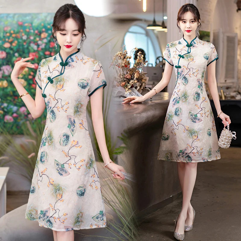 Fashion Modern Chinese Cheongsam A-line Dress Women Short Sleeve Qipao Traditional Chinese Clothes - Seprincess