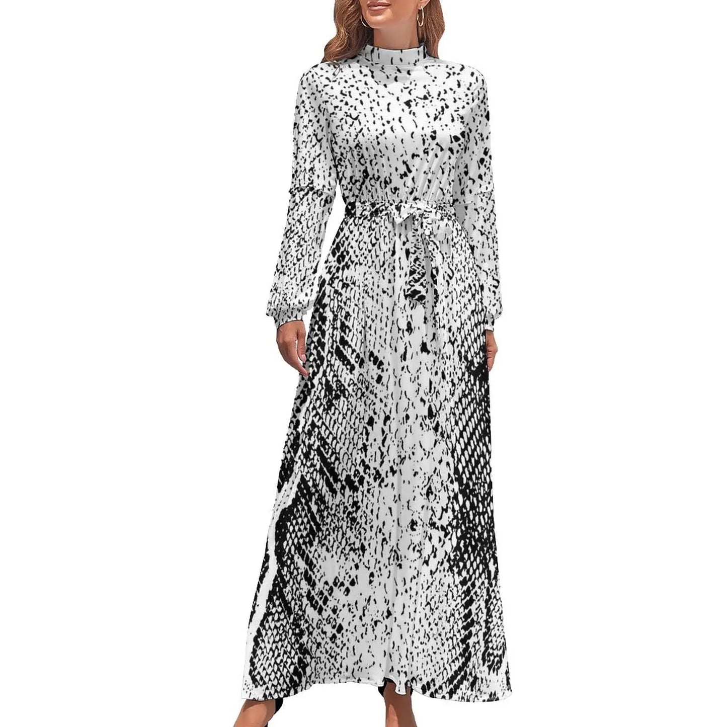 Vintage Snake Skin Print Dress  Kawaii Design Maxi Dress High Waist Long-Sleeve Casual Beach Long Dresses - Seprincess