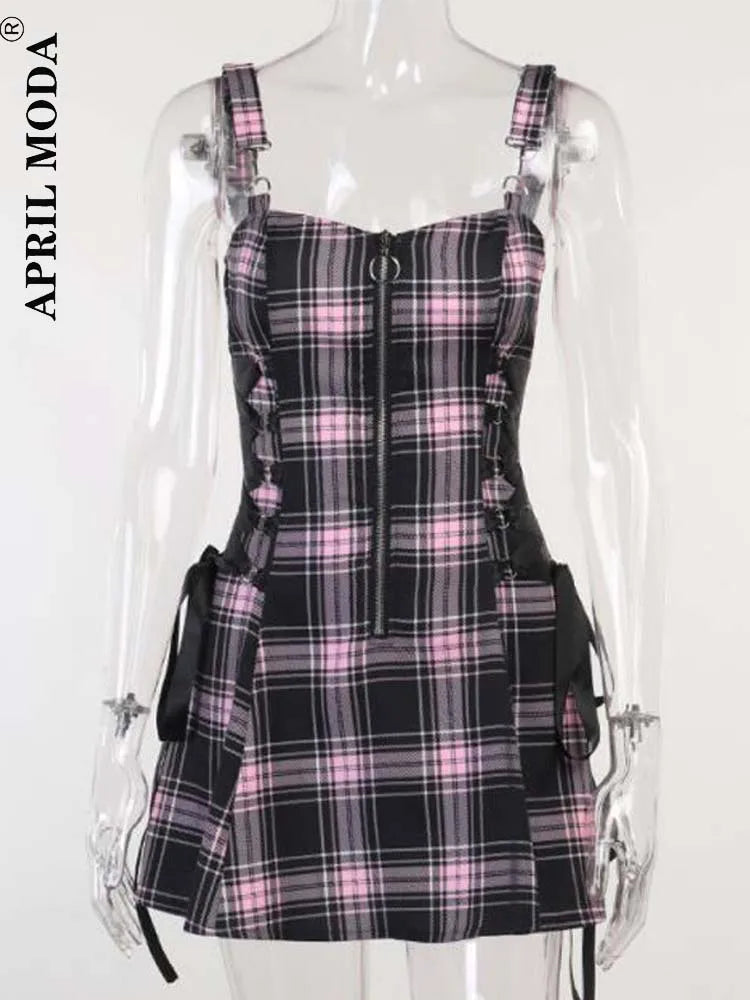 Gothic Girls Red Plaid Pleated Emo Alt Dress Y2K Zip Up Robe Femme Punk Black Spaghetti Strap Mini Short Jurken Goth Streetwear - Seprincess