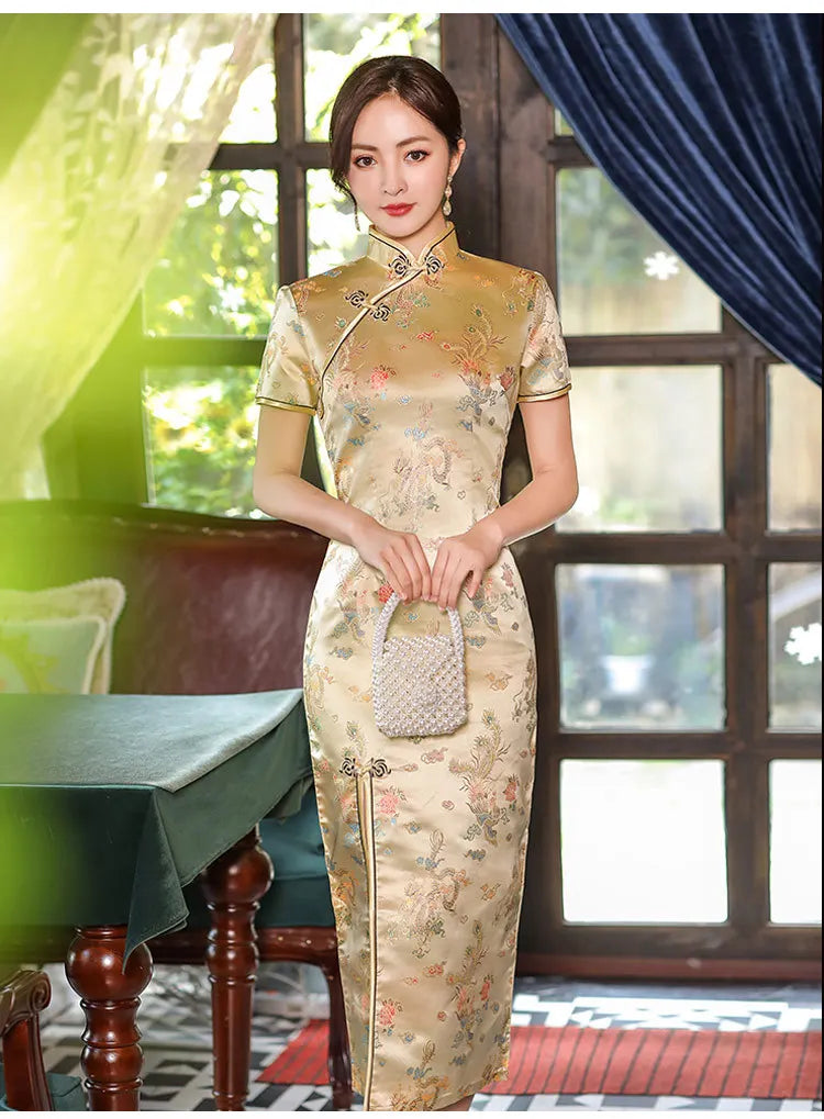 Large Size Sexy Slim Long Qipao Dress Women Retro Elegant Cheongsam Short Sleeve Brocade Dragons and Phoenixes Clothes Vestidos - Seprincess