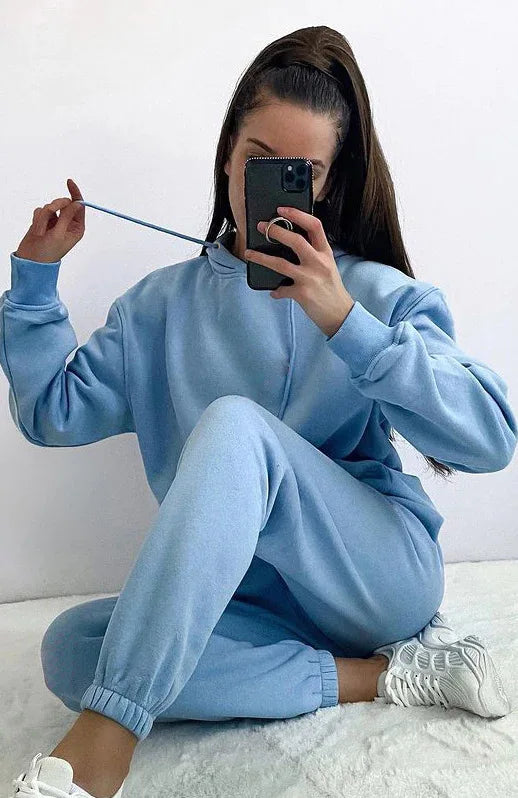 Women Two Piece Sets Tracksuit outfit Hooded Sweatshirts Pocket Drawstring Long Pants Suit Thick Casual Office Lady Autumn