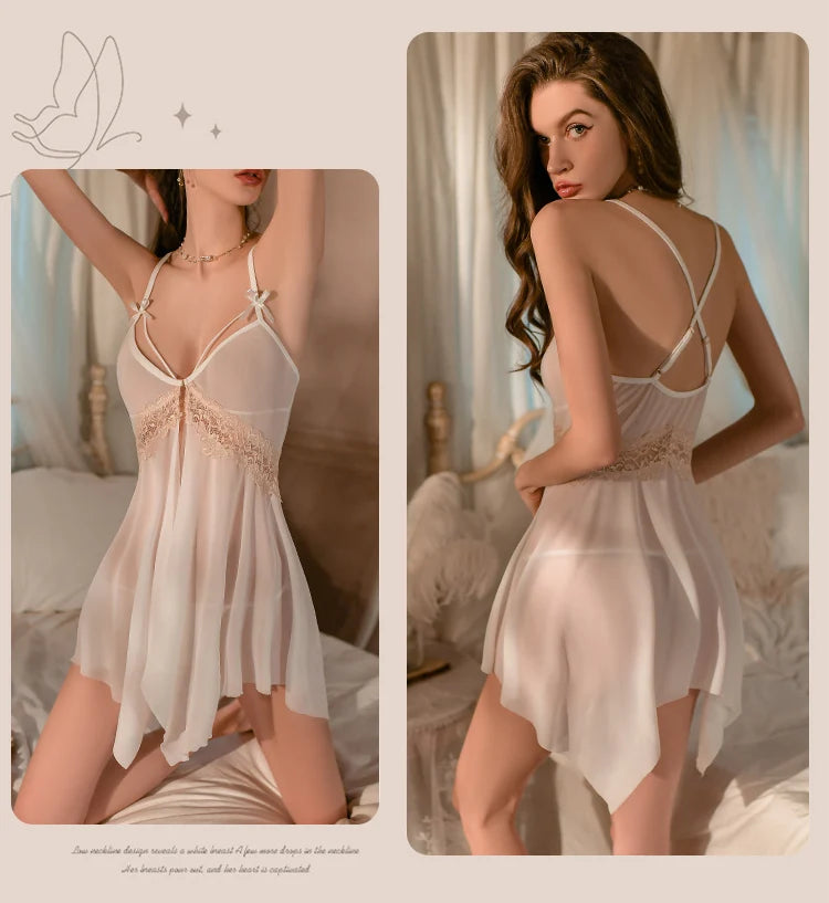 Babydoll Mesh camisole slit thin deep V-nightgown sexy lingerie women call of the night Sexy outfit sexy items girl - Seprincess