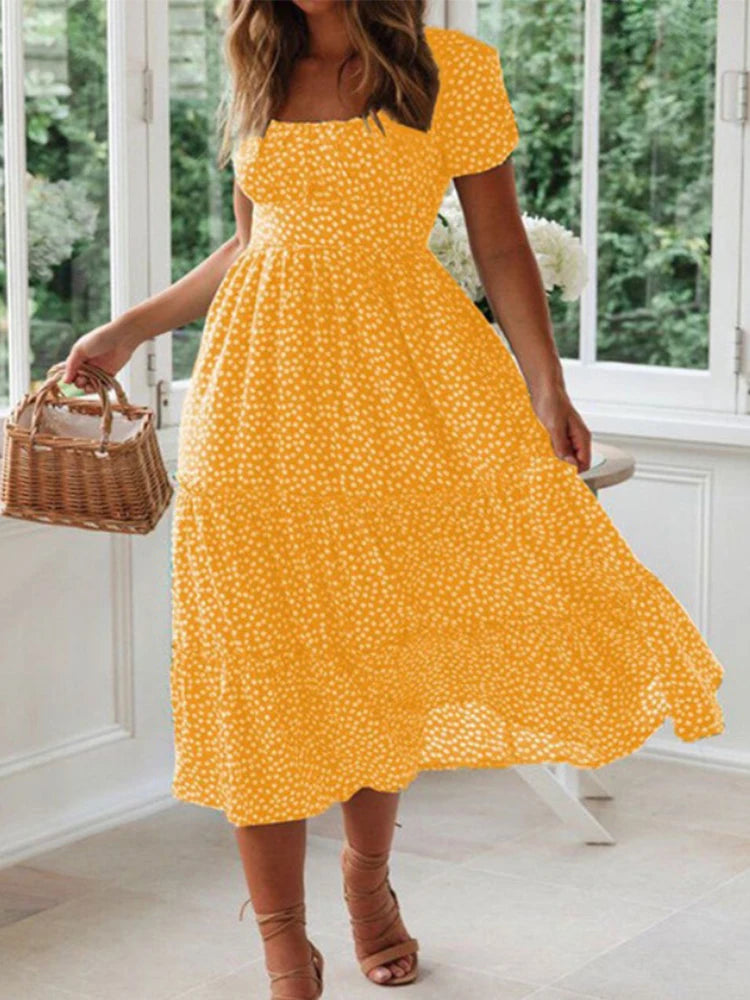 Vestidos Vintage Vintage Print Puff Sleeve summer Beach sweet dresses Casual Square collar floral maxi long dress 2023 festa - Seprincess