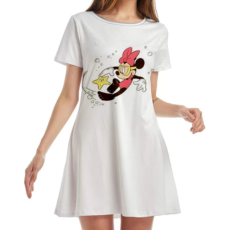 New Disney Minnie Mouse Anime Print Summer 2022 Ladies Sexy Round Neck Boho Beach Dress Ruffle Short Sleeve Mini Dress Y2K - Seprincess