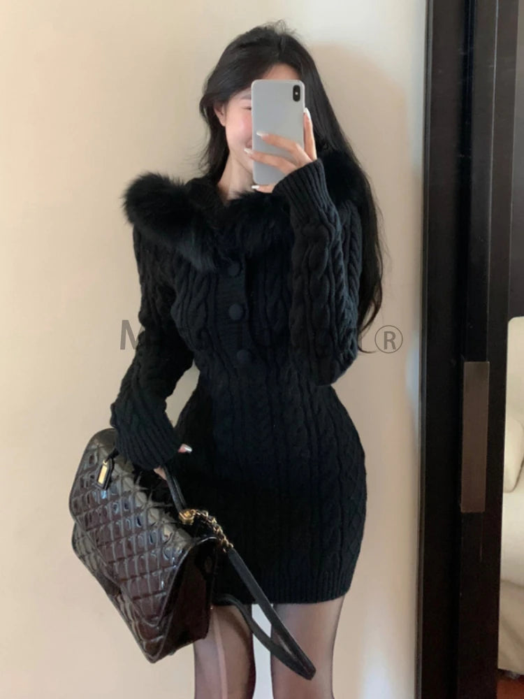 Christmas Red Elegant New Sweater Women Slim Fur Patchwork Hooded Knitted Dress Female Korean Fashion Casual Warm Clothes 2024 - Seprincess