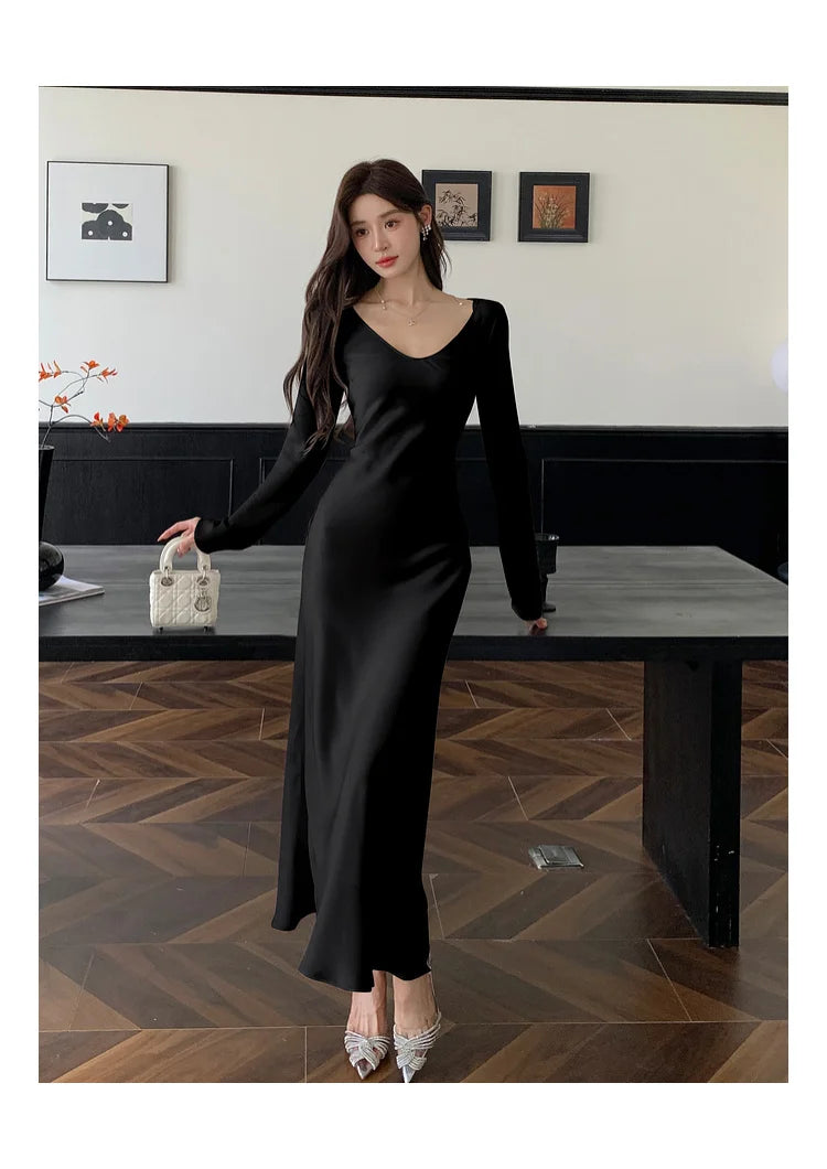 Autumn Solid Satin Long Dresses Women Wedding Evening Party Dress with Camisole Prom Robe V-Neck Long Sleeves Mermaid Vestidos - Seprincess