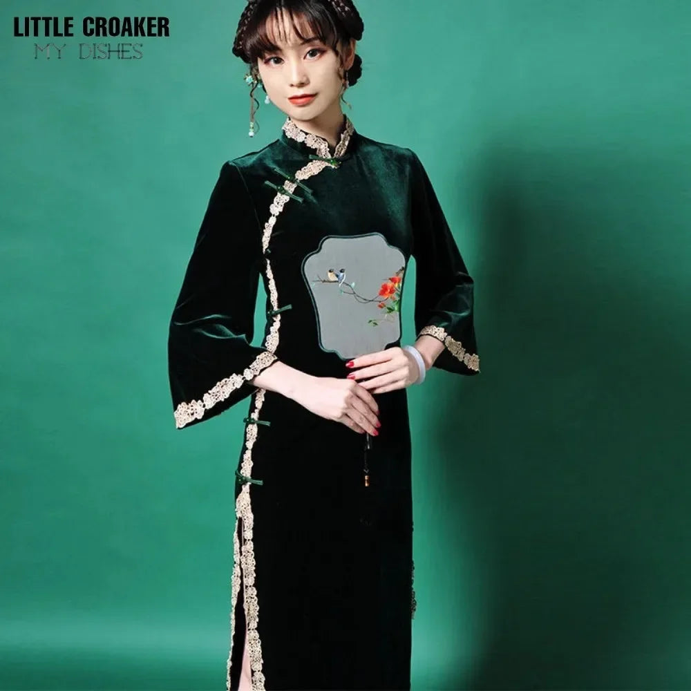 Cheongsam Chinese Traditional Dress Solud Color New Autumn Winter Long Temperament Flare Sleeve Velvet Improved Green Qipao 2024 - Seprincess