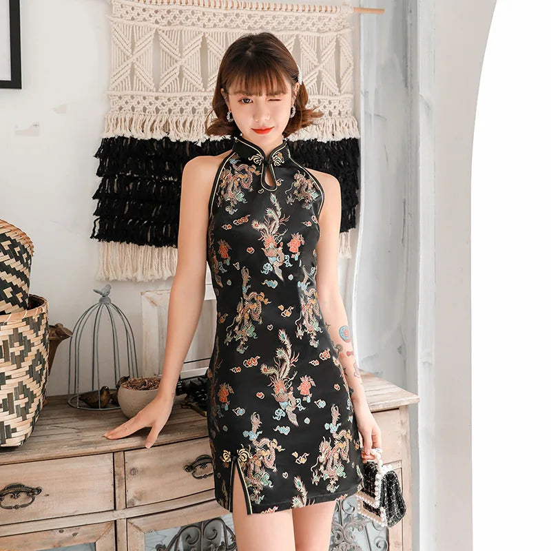 Black Oversize 3XL Chinese Dress Vestidso Traditional Women Sexy Satin Summer New Sleeveless Mini Cheongsam Print Elegant Qipao - Seprincess