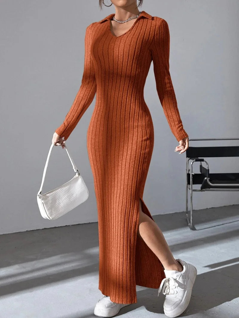 2024 Europe And The United States Autumn And Winter New Knitted Slim-Fit Lapel Long Sleeve Pit Strip Solid Color Tight Dress - Seprincess