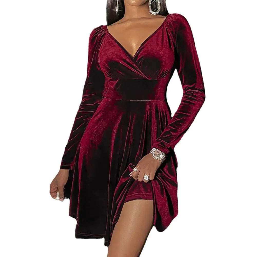 Elegant Sexy Dress Elegant V-neck Velvet Party Dresses for Women A-line Christmas Gown Long Sleeve High Waist Mini Dress - Seprincess