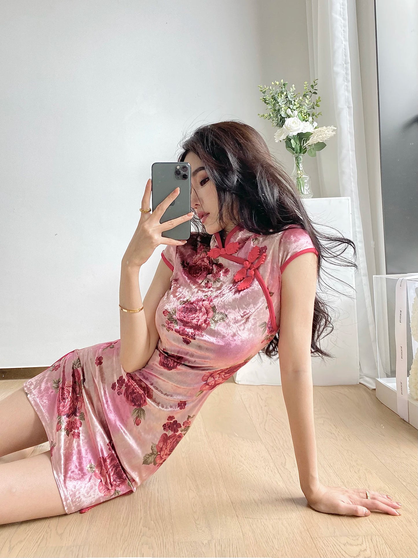 Chinese Dress Pink Sexy Qipao Dresses Cheongsam Dress Velvet Retro Printed Cheongsams Mini Qipao China Dress Robe Chinoise - Seprincess