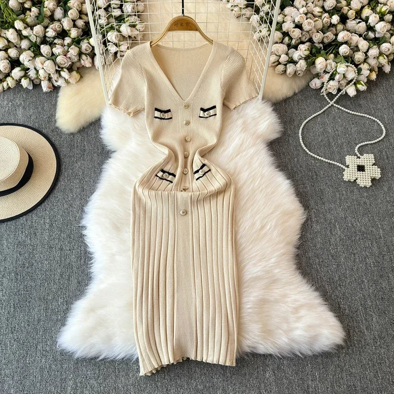 Elegant Knitted Long Dress Women Summer V Neck Single Breatsed Short Sleelve Bodycon Dresses Fashion Party Office Lady Vestidos - Seprincess