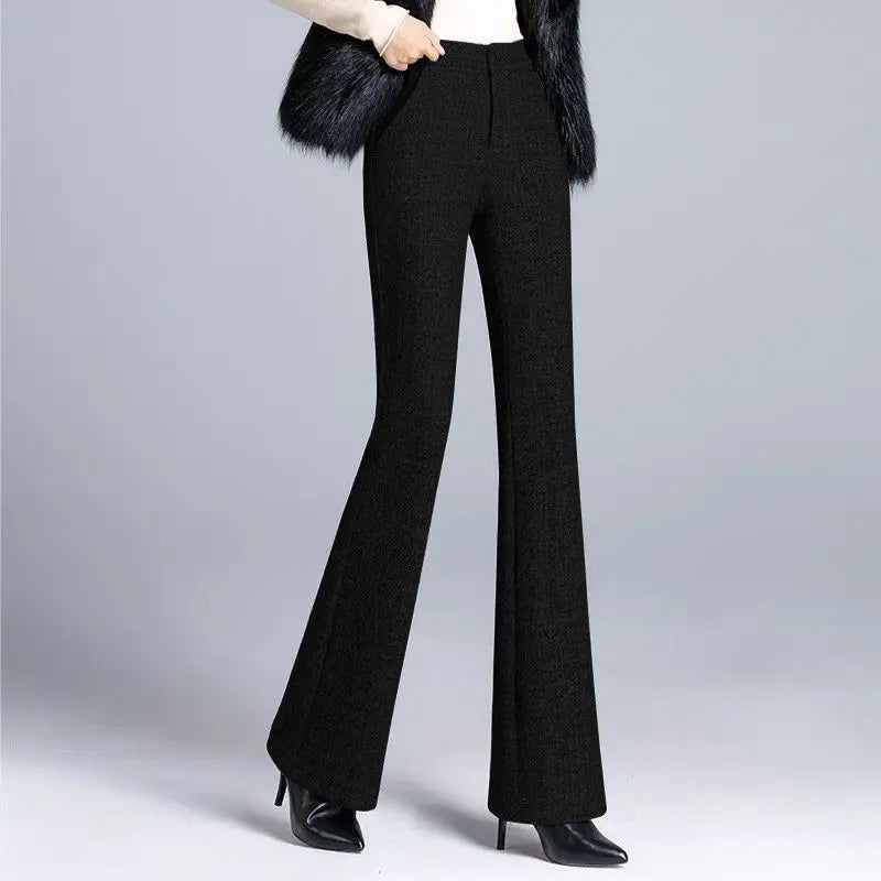 Office Lady Fashion Thicken Wool Flare Pants Autumn Winter New Korean Slim High Waist Wide Leg Women Solid Casual Suits Trousers